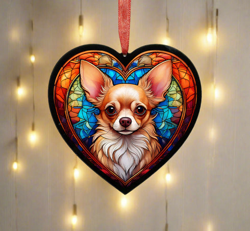 Chihuahua Fawn Stained Glass Effect Heart Suncatcher
